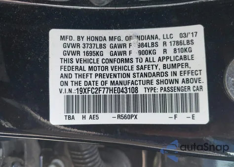 2017 Honda Civic Ex from USA, damaged, VIN 19XFC2F77HE043108
